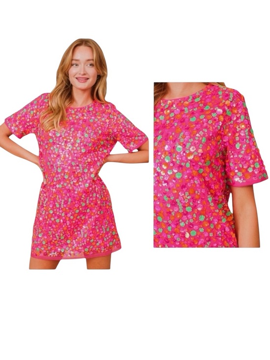 blue b Dresses & Skirts - NEW blue b Hot Pink Orange Green Allover Flower Shaped Sequin Tulle Mini Dress S